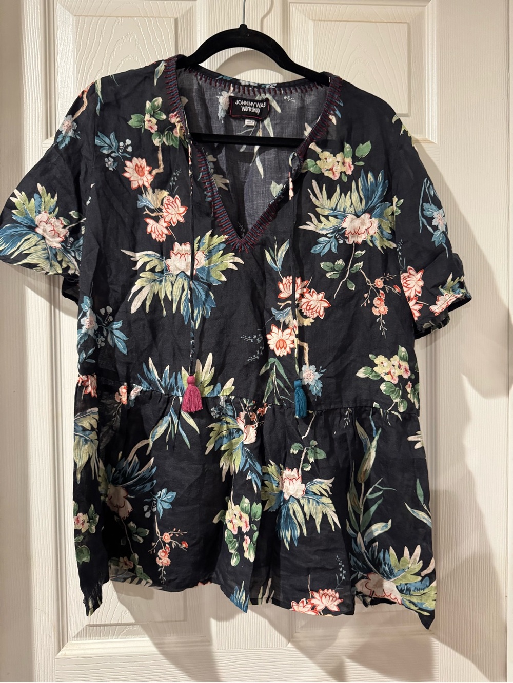 Johnny Was Black Floral Short-Sleeve Linen Top with Tassel Ties